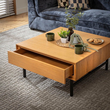 Quatropi Square Wooden Coffee Table with Storage Drawer Light Oak Wood Veneer 85cm