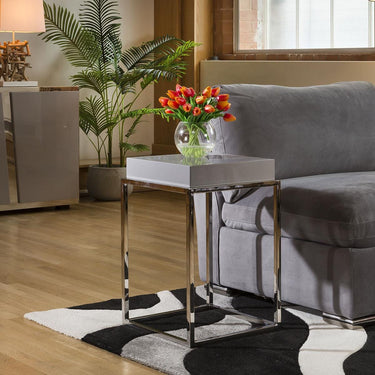 Quatropi Stainless Steel Framed 410mm Wide End Table Grey Gloss Wood Top