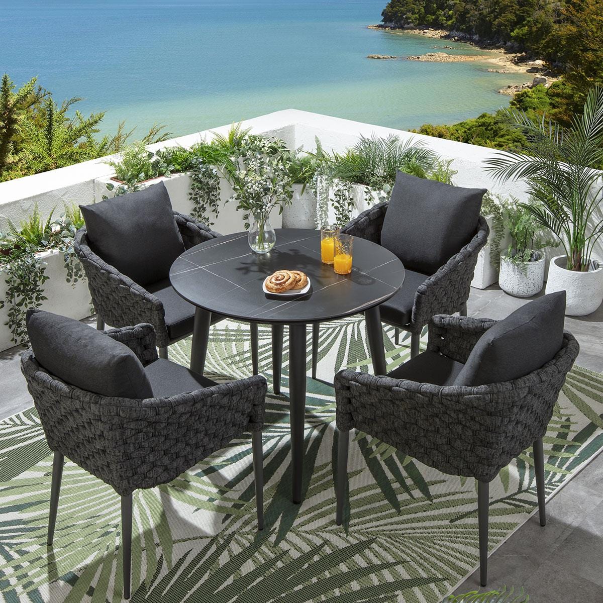 Quatropi Sundowner 4 Seater Round Ceramic Outdoor Dining Set Charcoal & Black