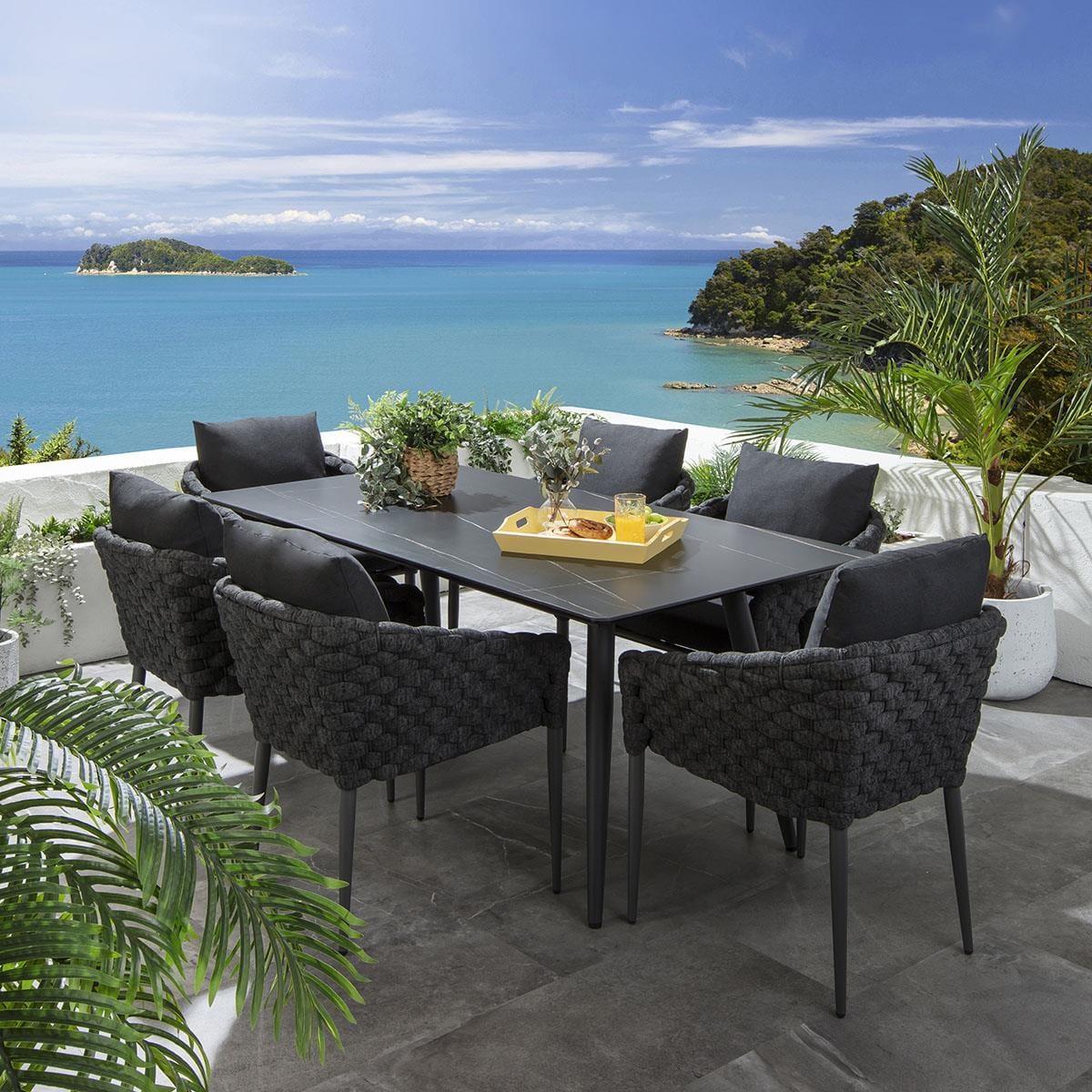 Quatropi Sundowner 6 Seater Ceramic Garden Dining Set Charcoal & Black