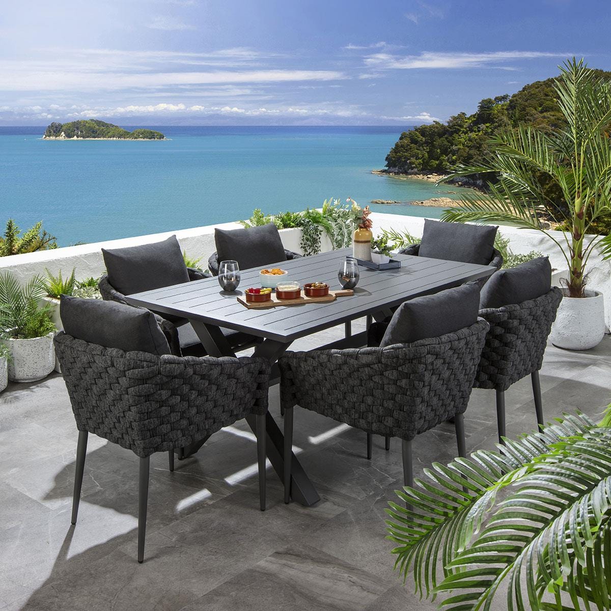 Quatropi Sundowner 6 Seater Outdoor Garden Dining Set Aluminium Charcoal & Grey