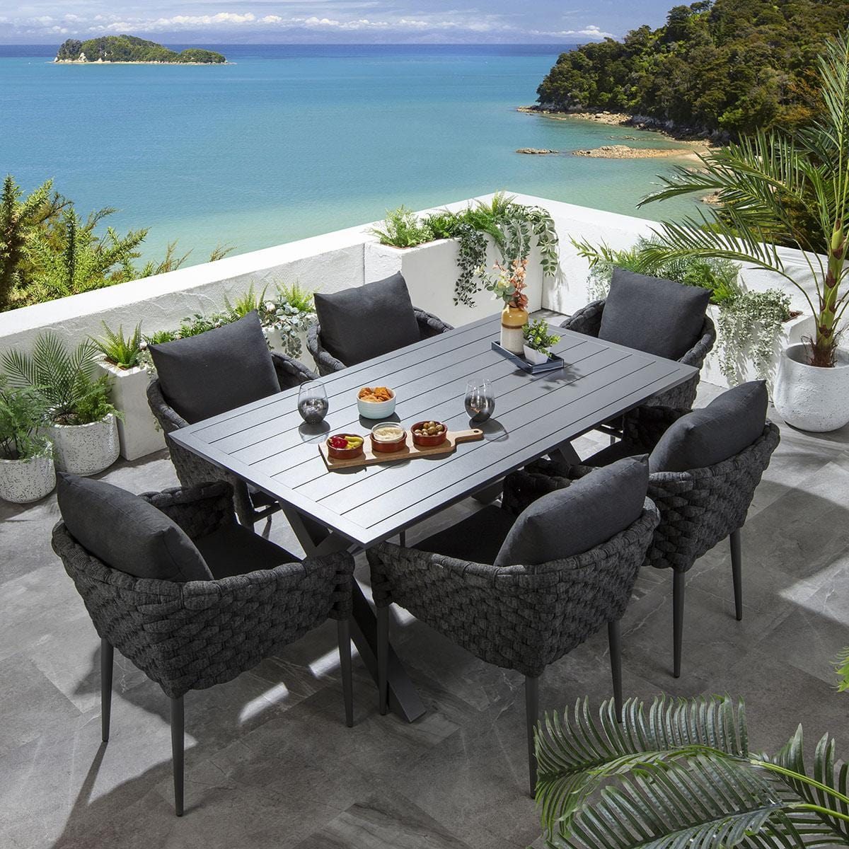 Quatropi Sundowner 6 Seater Outdoor Garden Dining Set Aluminium Charcoal & Grey