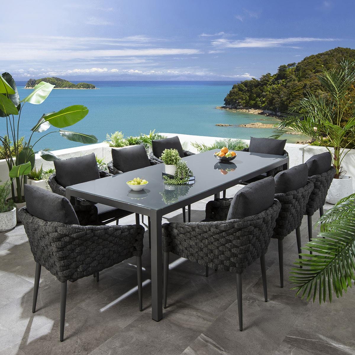 Quatropi Sundowner 8 Seater Glass Garden Dining Set Aluminium Charcoal & Grey