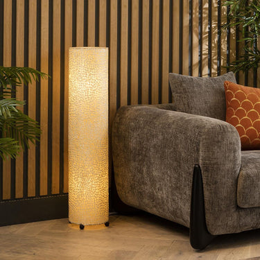 Quatropi Tall Elegant Cylindrical Ivory Shell Patterned Floor Lamp 100cm