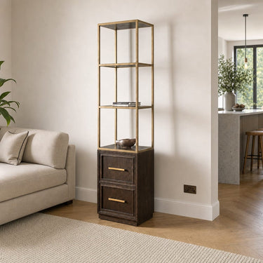 Quatropi Tall Modern Bookshelf Display Unit Cabinet Brown Oak Brass 200cm
