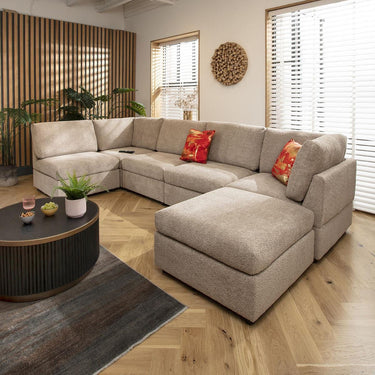 Quatropi U Shape Corner Sofa Footstool Chaise 6 Seat Sectional Sofa Beige Boucle