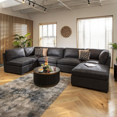 Quatropi U Shape Corner Sofa Footstool Chaise 6 Seater Sectional Sofa Black