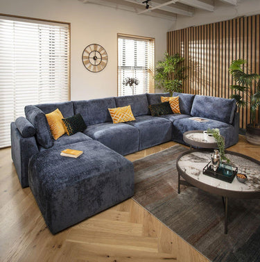 Quatropi U Shape Corner Sofa Footstool Chaise 6 Seater Sectional Sofa Blue