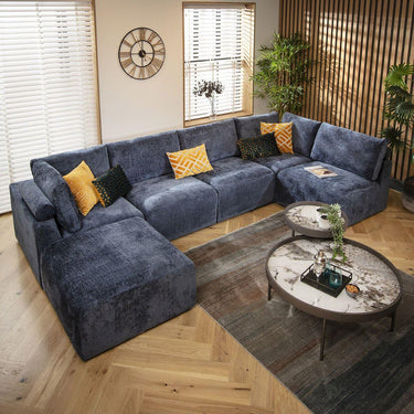 Quatropi U Shape Corner Sofa Footstool Chaise 6 Seater Sectional Sofa Blue