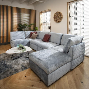 Quatropi U Shape Corner Sofa Footstool Chaise 6 Seater Sectional Sofa Blue