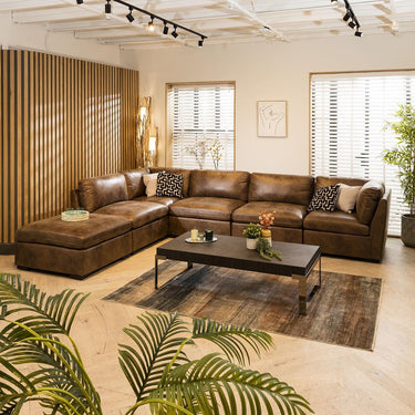 Quatropi U Shape Corner Sofa Footstool Chaise 6 Seater Sectional Sofa Brown 6R