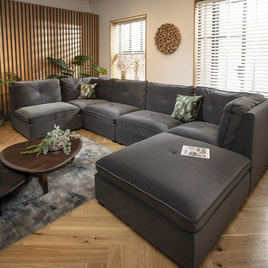 Quatropi U Shape Corner Sofa Footstool Chaise 6 Seater Sectional Sofa Grey Velvet