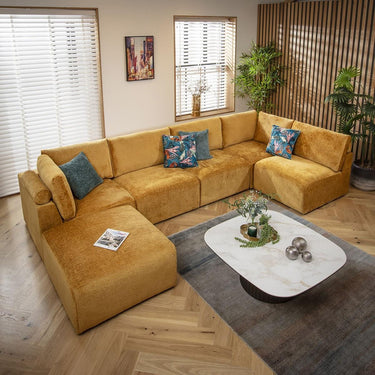 Quatropi U Shape Corner Sofa Footstool Chaise 6 Seater Sectional Sofa Mustard