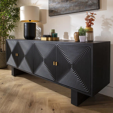 Quatropi Unique Mid Century Black Wood Sideboard Buffet Cabinet 3D Carved 180cm