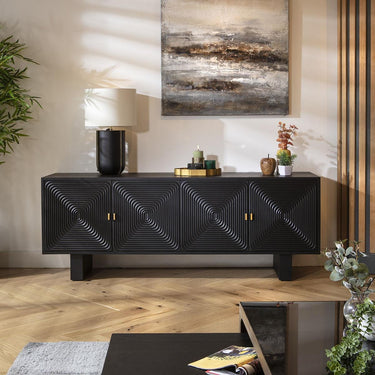 Quatropi Unique Mid Century Black Wood Sideboard Buffet Cabinet 3D Carved 180cm