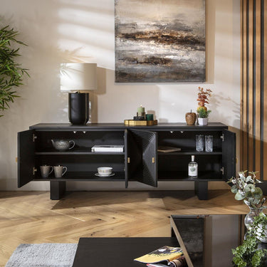 Quatropi Unique Mid Century Black Wood Sideboard Buffet Cabinet 3D Carved 180cm