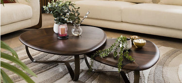 Quatropi Unique Nest of Coffee Tables Nesting Set of 2 Brass Metal Warm Oak