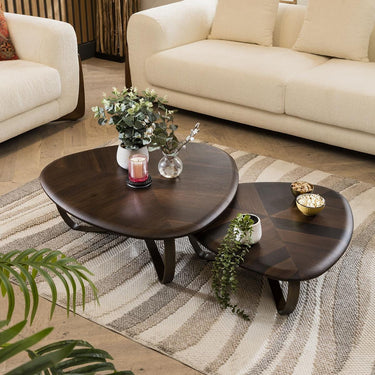 Quatropi Unique Nest of Coffee Tables Nesting Set of 2 Brass Metal Warm Oak