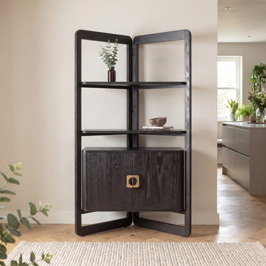 Quatropi Unique Tall Bookshelf Display Unit Cabinet Black Oak Brass 203cm