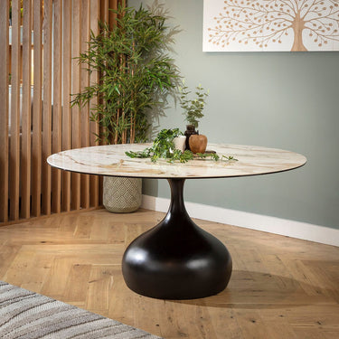 Quatropi Venusia 6 Seater Ceramic Marble Round Dining Table White Black 150cm