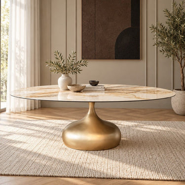 Quatropi Venusia 8 Seater Ceramic Marble Oval Dining Table White Gold 240x120cm