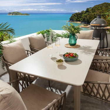 Quatropi Verity & Pharos 6 Seater Ceramic Outdoor Garden Dining Set Beige Aluminium