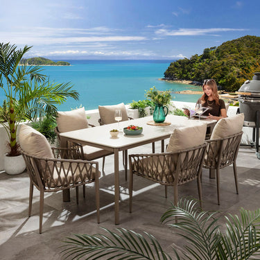 Quatropi Verity & Pharos 6 Seater Ceramic Outdoor Garden Dining Set Beige Aluminium