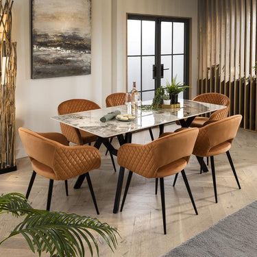 Quatropi White Ceramic Dining Table And 6 Chairs Orange Velvet Dining Set 180cm