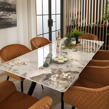 Quatropi White Ceramic Dining Table And 6 Chairs Orange Velvet Dining Set 180cm