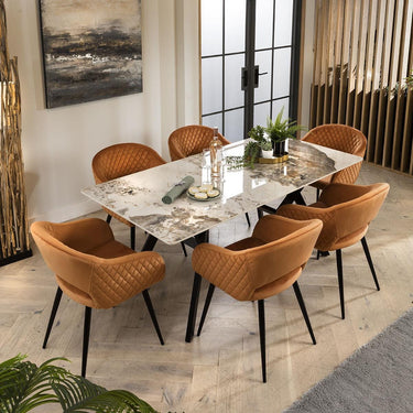 Quatropi White Ceramic Dining Table And 6 Chairs Orange Velvet Dining Set 180cm