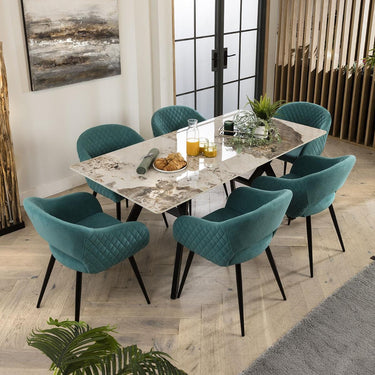 Quatropi White Ceramic Dining Table And 6 Chairs Teal Velvet Dining Set 180cm