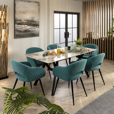 Quatropi White Ceramic Dining Table And 6 Chairs Teal Velvet Dining Set 180cm
