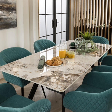 Quatropi White Ceramic Dining Table And 6 Chairs Teal Velvet Dining Set 180cm