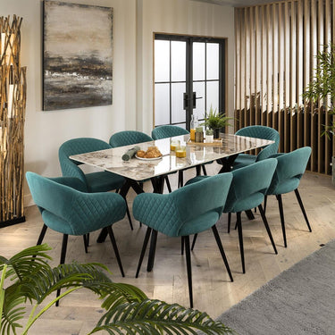 Quatropi White Ceramic Dining Table And 8 Chairs Teal Velvet Dining Set 180cm