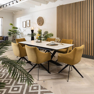 Quatropi White Ceramic Extend Table With 6 Gorgeous Yellow Swivel Chairs