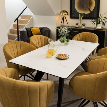 Quatropi White Marble-Look Ceramic Table & Mustard Chairs - 6 Seater Dining Set