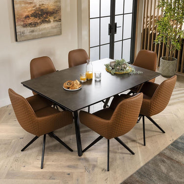 Quatropi Wide 6 Seat Extending Ceramic Dining Set Grey Tan Leather 160-240cm