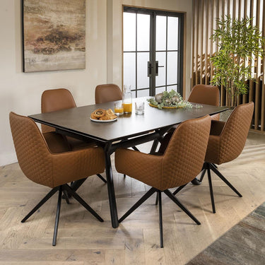 Quatropi Wide 6 Seat Extending Ceramic Dining Set Grey Tan Leather 160-240cm