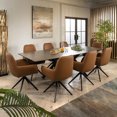 Quatropi Wide 8 Seat Extending Ceramic Dining Set Grey Tan Leather 160-240cm