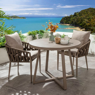 Quatropi Zig Zag & Sun 2 Seater Round Outdoor Garden Dining Set Brown Rope & Beige Aluminium