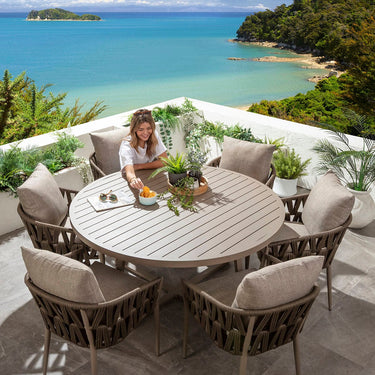 Quatropi Zig Zag & Sun 6 Seater Round Outdoor Garden Dining Set Brown Rope & Beige Aluminium