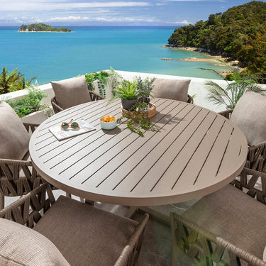 Quatropi Zig Zag & Sun 6 Seater Round Outdoor Garden Dining Set Brown Rope & Beige Aluminium