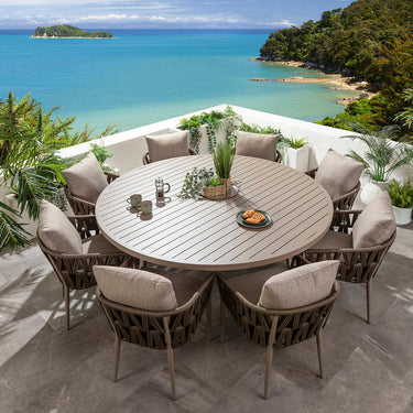 Quatropi Zig Zag & Sun 8 Seater Round Outdoor Garden Dining Set Brown Rope & Beige Aluminium