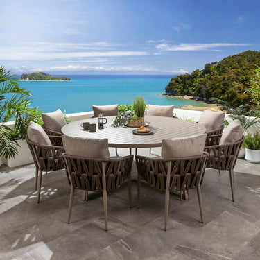 Quatropi Zig Zag & Sun 8 Seater Round Outdoor Garden Dining Set Brown Rope & Beige Aluminium