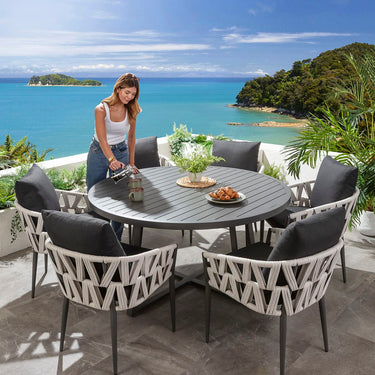 Quatropi ZigZag & Sun 6 Seater Round Outdoor Garden Dining Set Mono & Grey Aluminium