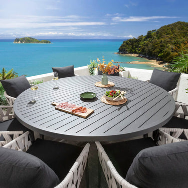 Quatropi ZigZag & Sun 8 Seater Round Outdoor Garden Dining Set Mono & Grey Aluminium