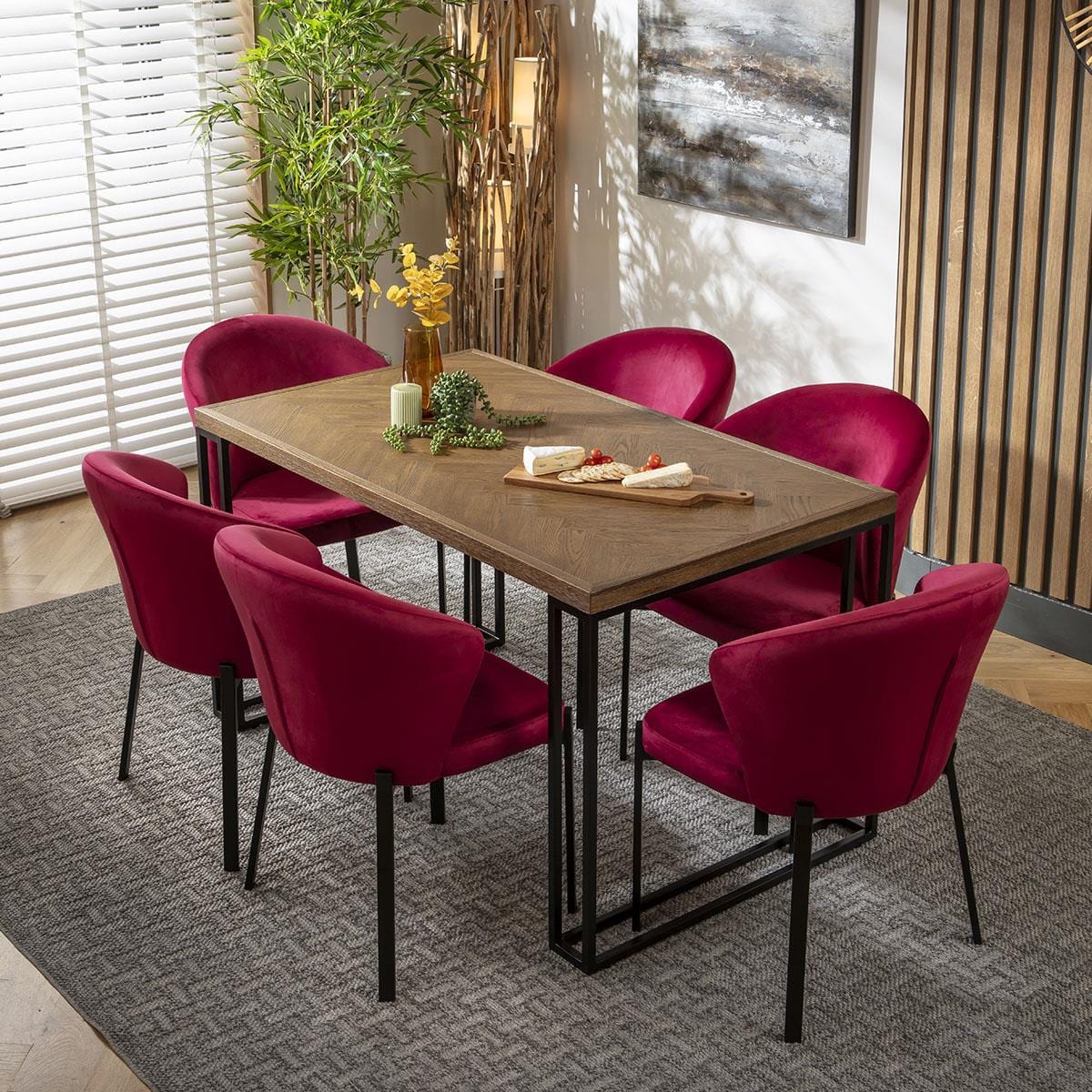 Zoe 6 Seat Solid Wood Herringbone Dining Set Red Stained Wood – Quatropi