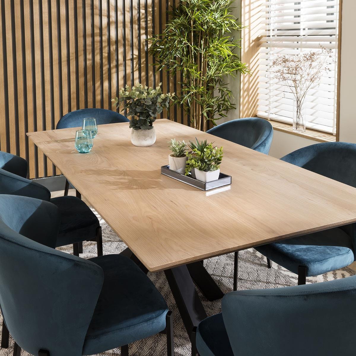 Quatropi Zoe Solid Natural 6 Seat Wooden Dining Table And Chairs Set Blue