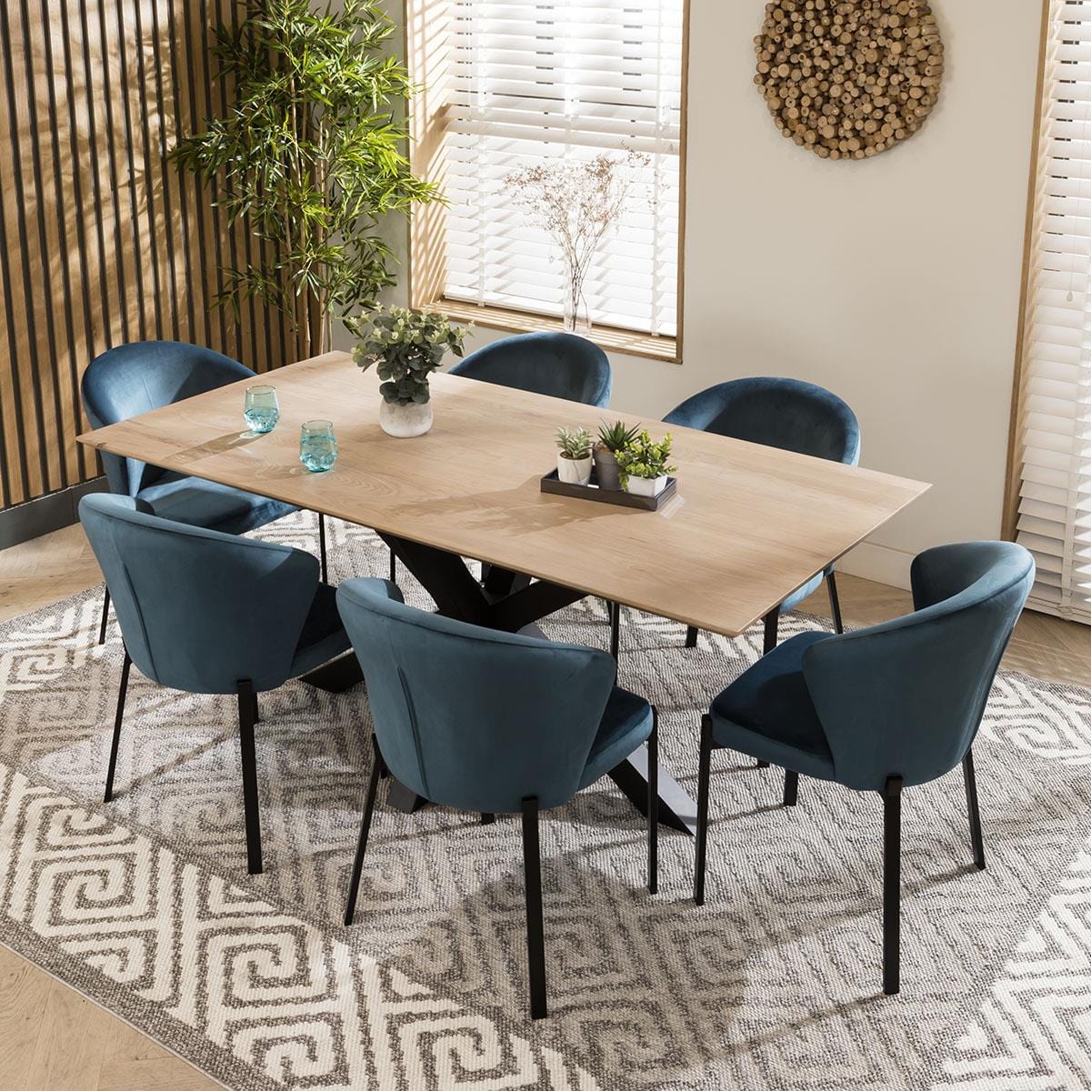 Quatropi Zoe Solid Natural 6 Seat Wooden Dining Table And Chairs Set Blue