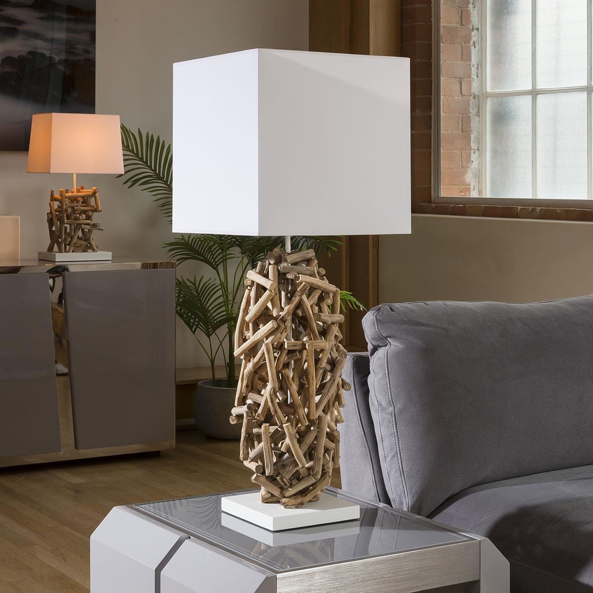Quatropi Beautiful Unique Modern Driftwood table lamp / light white shade Korba